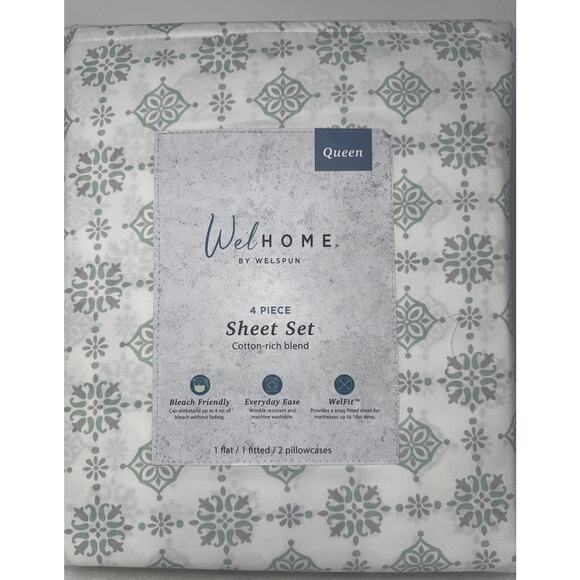 Welhome Cotton Blend Sateen Weave ~White/Ditsy Medalion~4pc Sheet Set, Queen - Picture 1 of 4